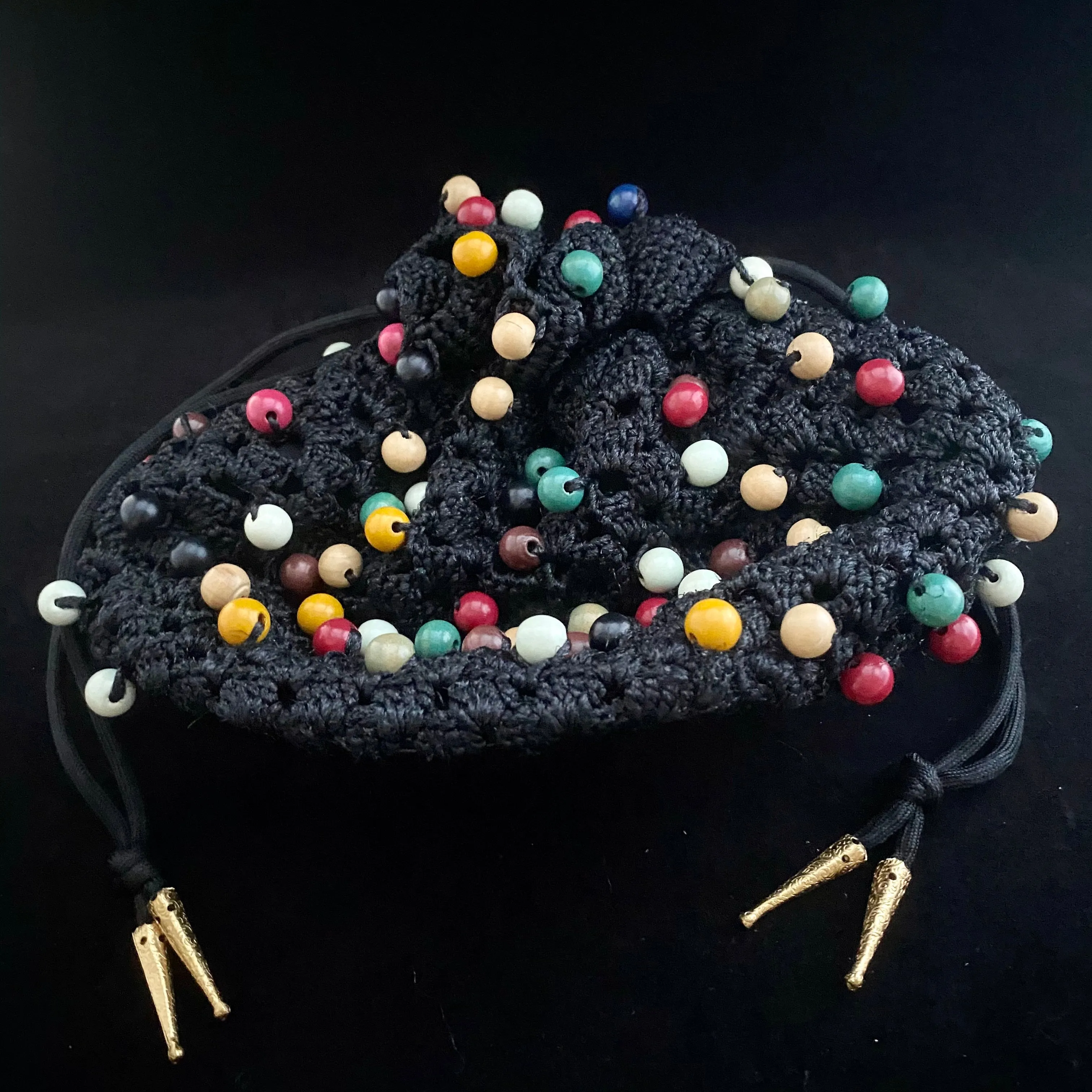 1960s Crocheted, Beaded Drawstring Bag