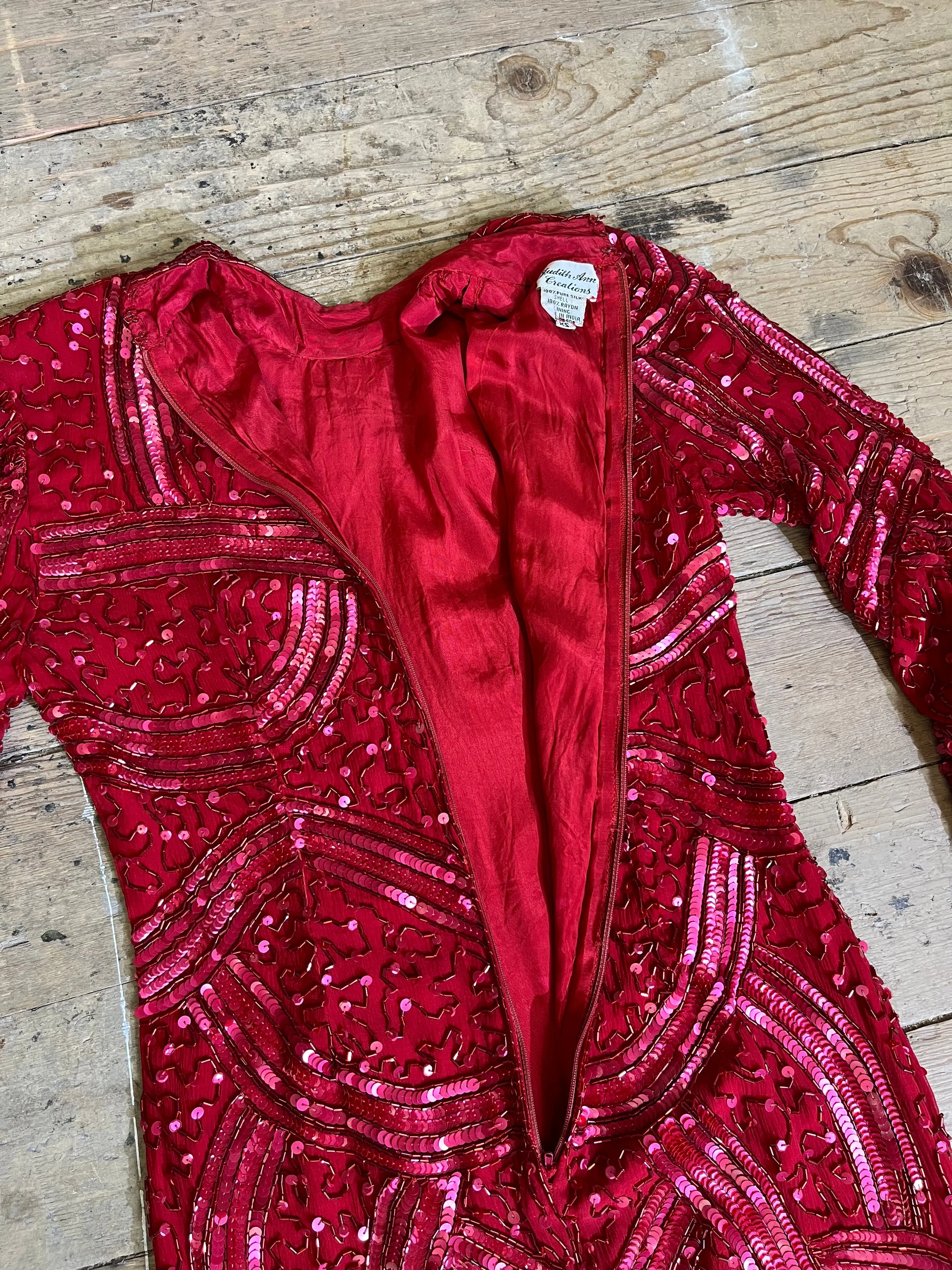 1980s Scarlet Red Beaded Silk Floor Length Dress by Judith Ann Creations