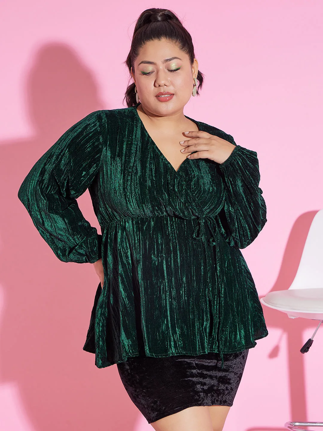 Berrylush Women Plus Size Solid Green V-Neck Lantern Sleeve Front Tie-Up Velvet Knitted Regular Top