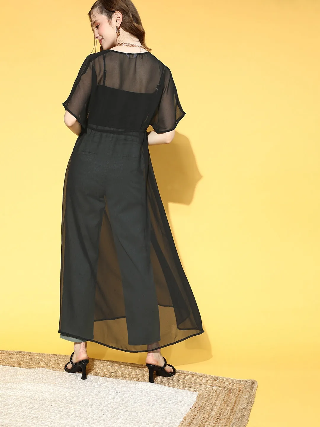 Berrylush Women Solid Black Waist Tie-Up Sheer Gathered Longline Shrug