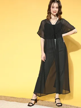 Berrylush Women Solid Black Waist Tie-Up Sheer Gathered Longline Shrug