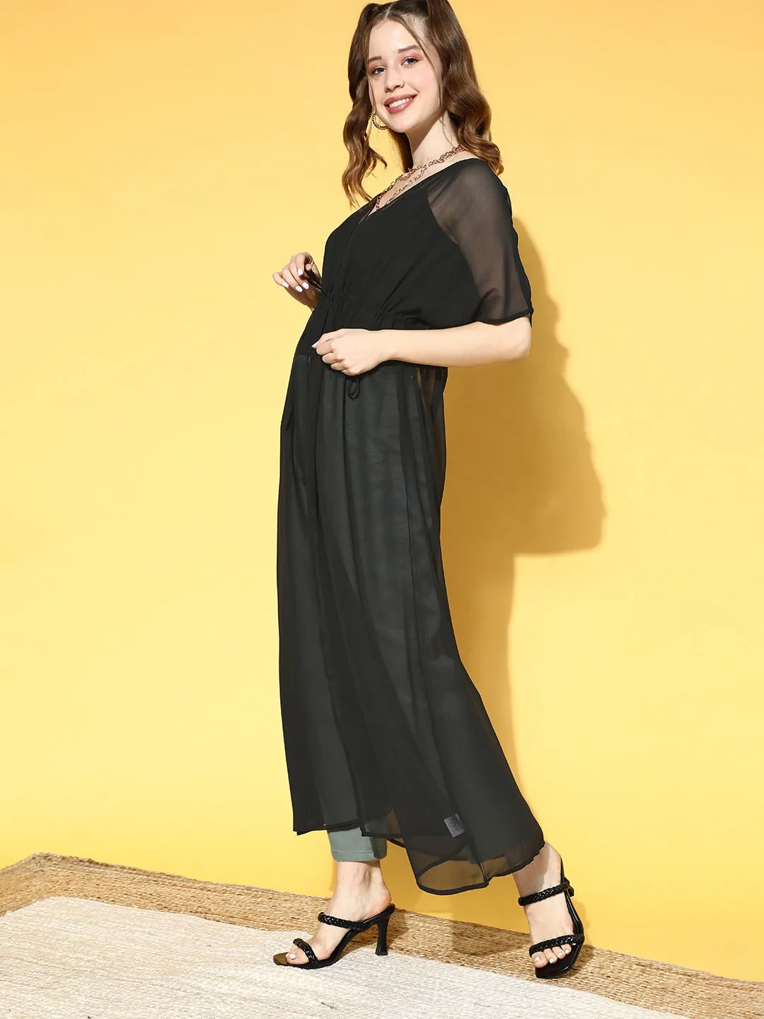 Berrylush Women Solid Black Waist Tie-Up Sheer Gathered Longline Shrug