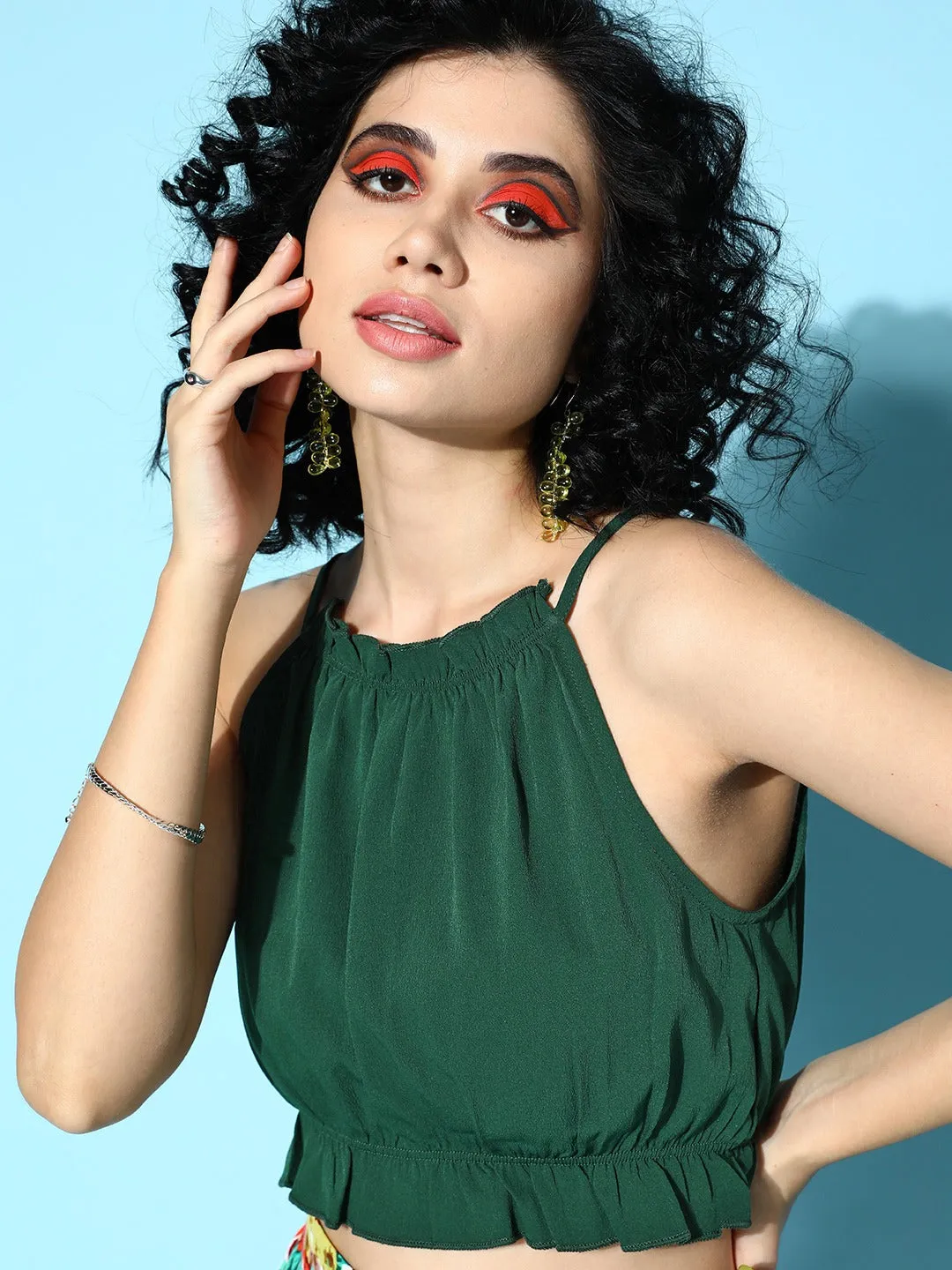 Berrylush Women Solid Green Round Neck Sleeveless Tie-Up Back Crepe Cropped Top