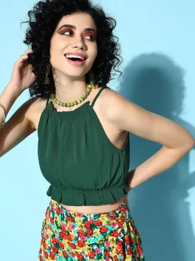 Berrylush Women Solid Green Round Neck Sleeveless Tie-Up Back Crepe Cropped Top