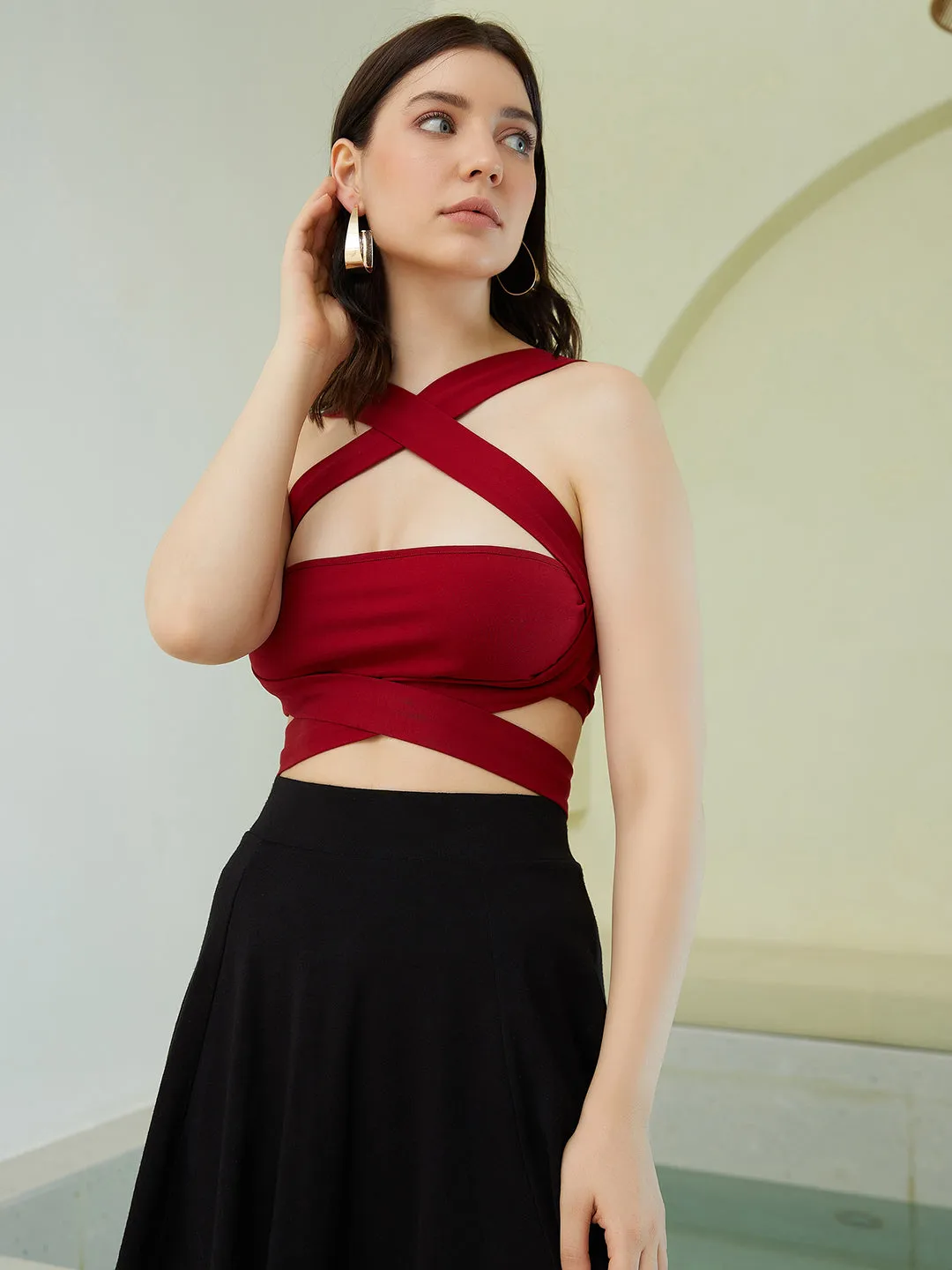 Berrylush Women Solid Maroon Halter Neck Sleeveless Back Tie-Up Cotton Cropped Tube Top