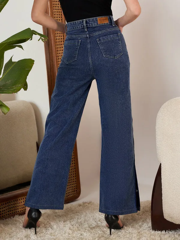 Berrylush Women Solid Navy Blue High-Rise Waist Four-Pocket Cotton Button Embellish Flared Regular Jeans