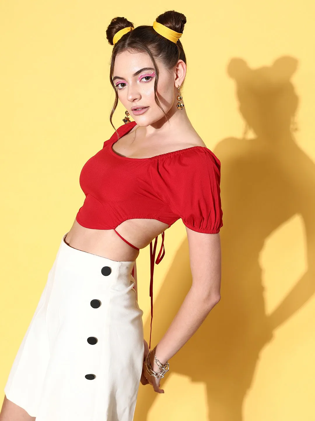 Berrylush Women Solid Red Square Neck Crepe Puff Sleeves Tie-Up Backless Crop Top