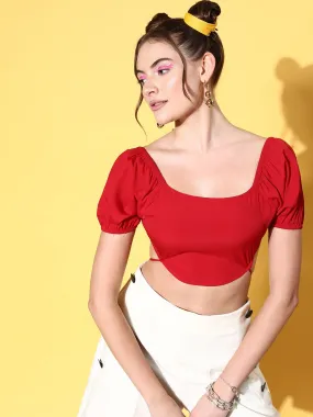 Berrylush Women Solid Red Square Neck Crepe Puff Sleeves Tie-Up Backless Crop Top