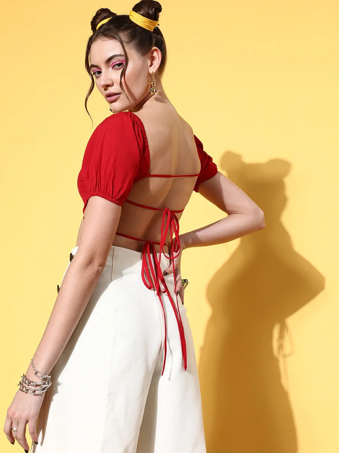 Berrylush Women Solid Red Square Neck Crepe Puff Sleeves Tie-Up Backless Crop Top