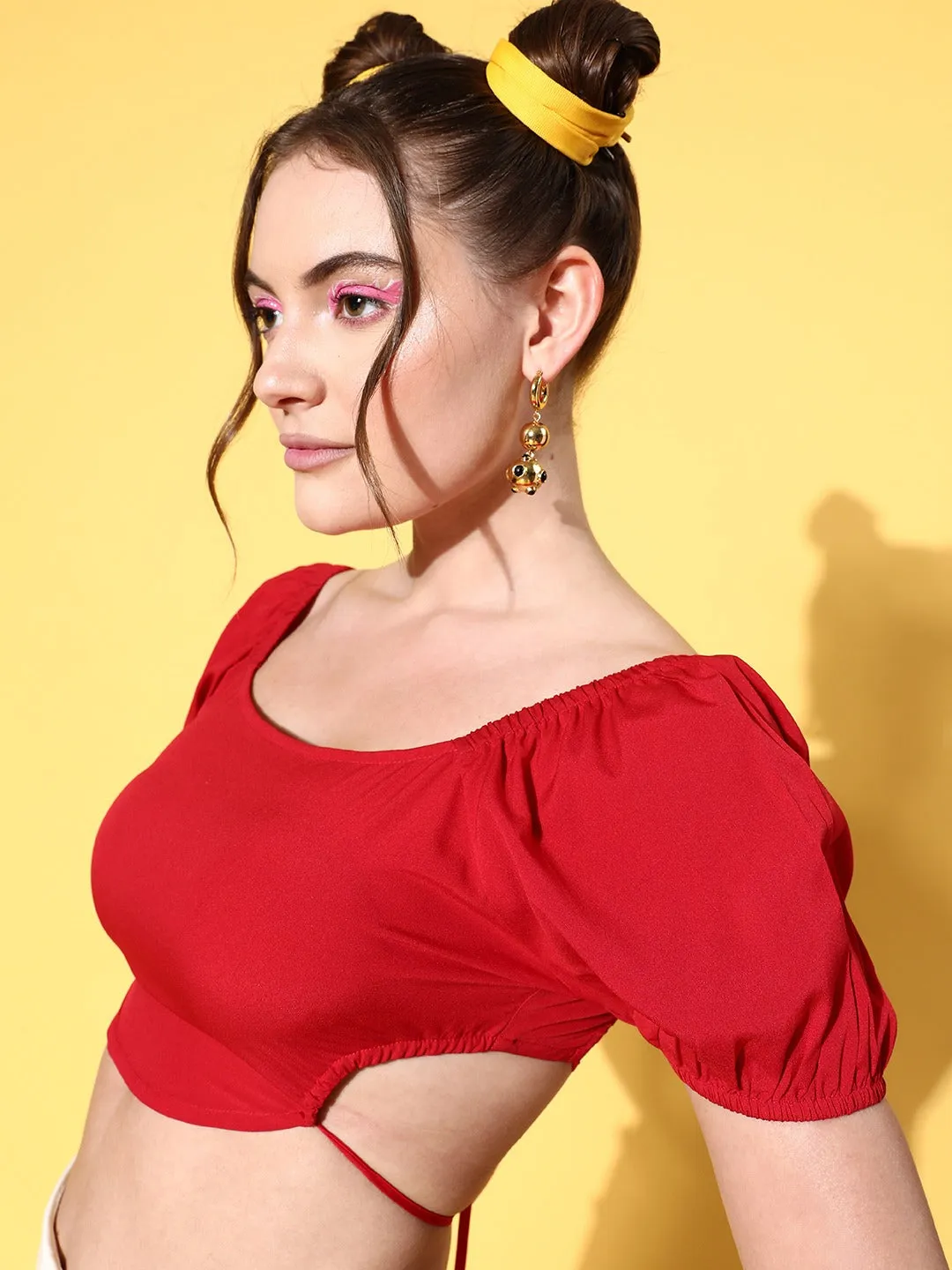 Berrylush Women Solid Red Square Neck Crepe Puff Sleeves Tie-Up Backless Crop Top