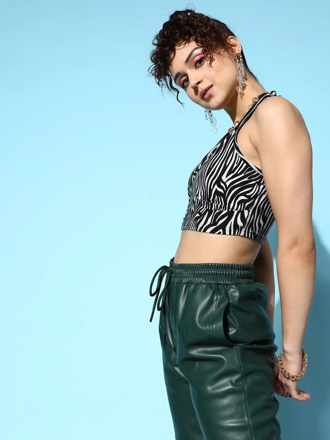 Berrylush Women White & Black Animal Print Halter Neck Sleeveless Tie-Up Backless Cotton Cropped Top