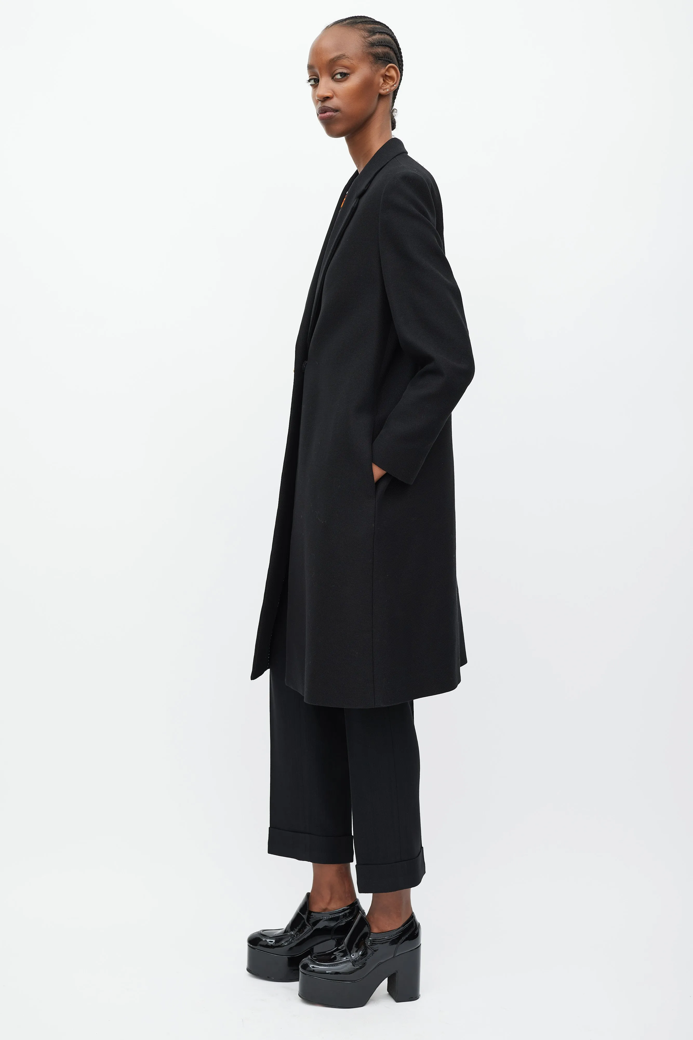 Black Mid Length One Button Coat