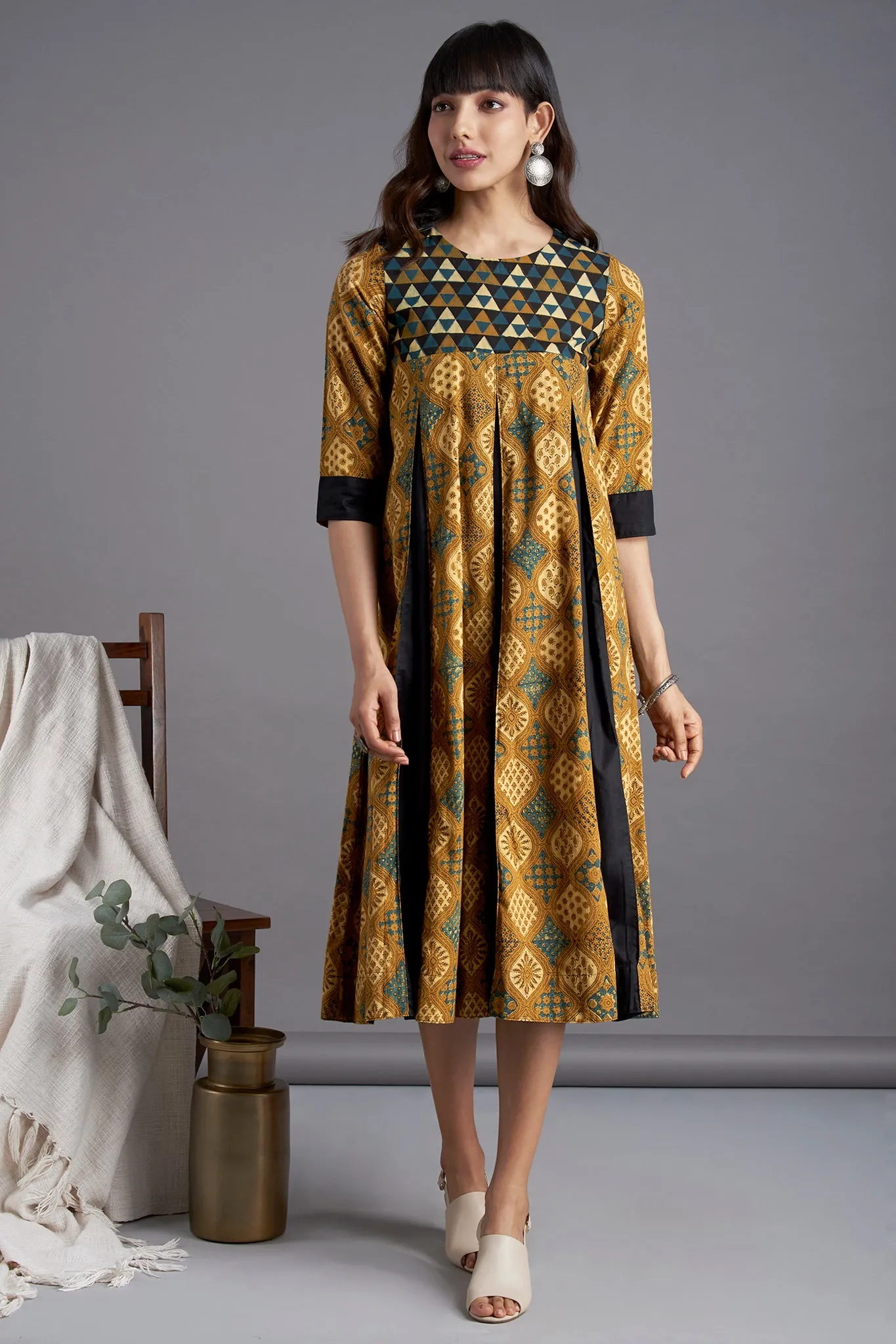box pleat dress - ochre groove & ornamental motif