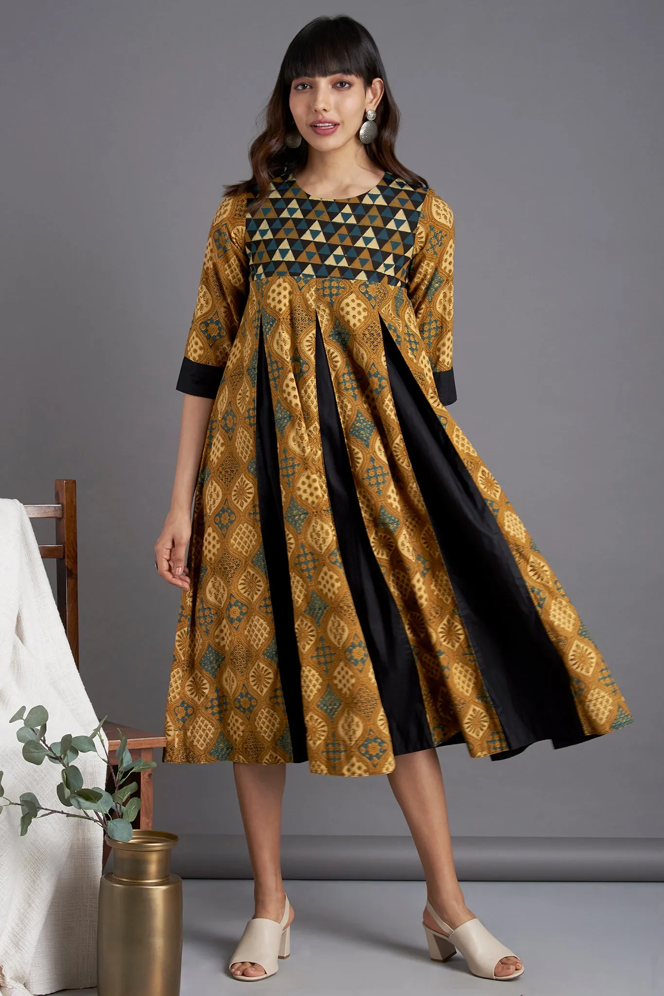 box pleat dress - ochre groove & ornamental motif