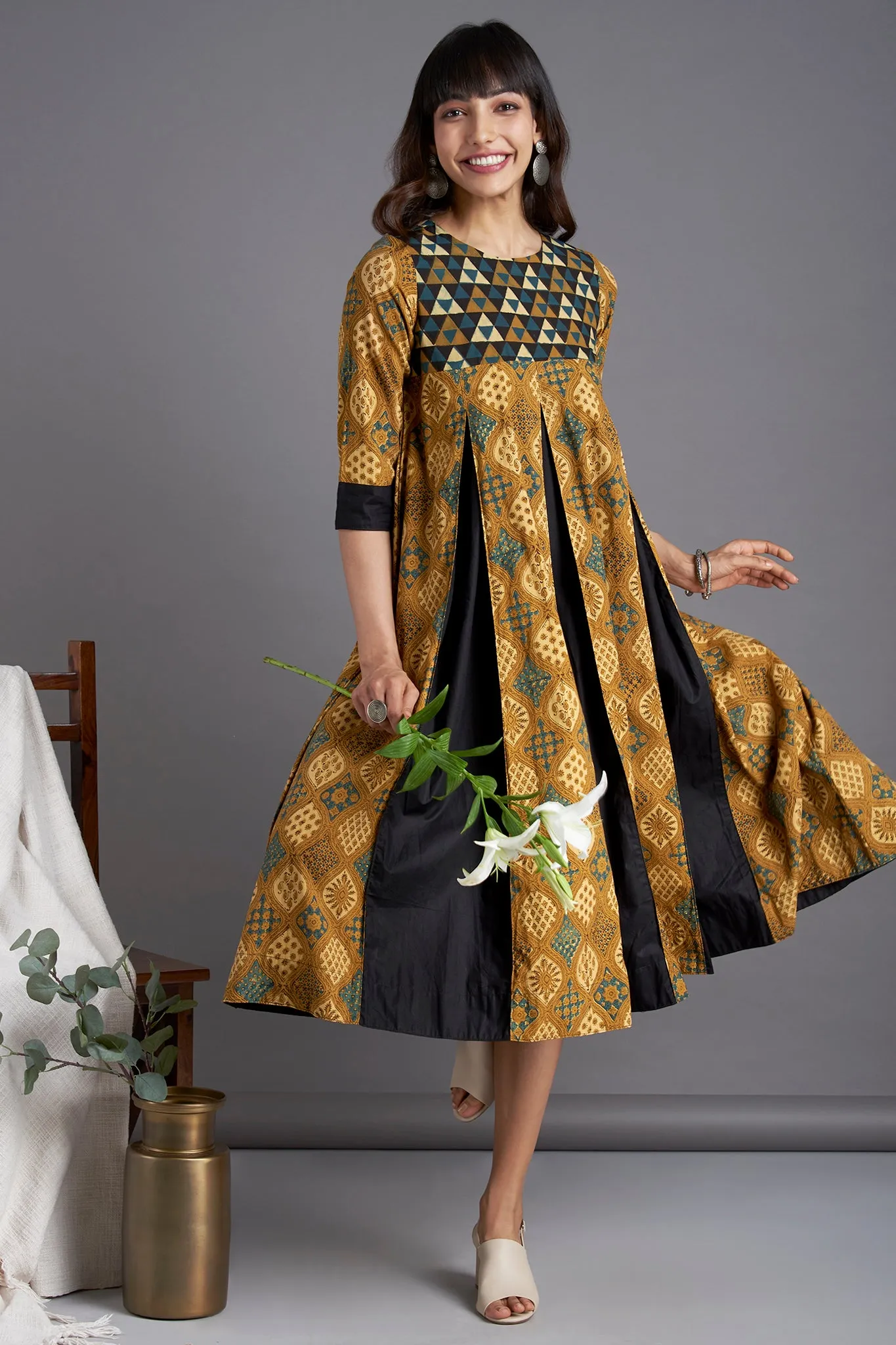 box pleat dress - ochre groove & ornamental motif
