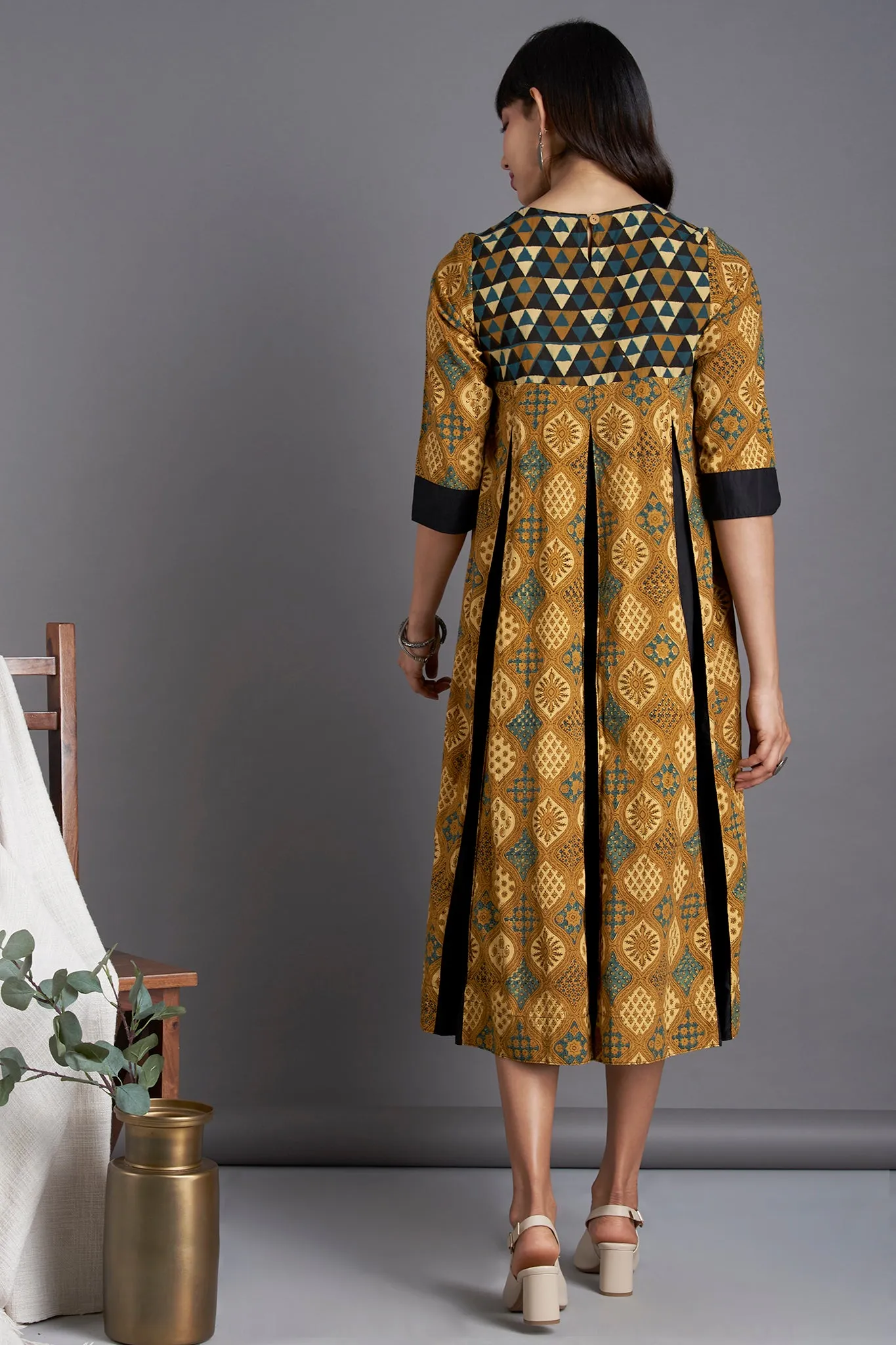 box pleat dress - ochre groove & ornamental motif