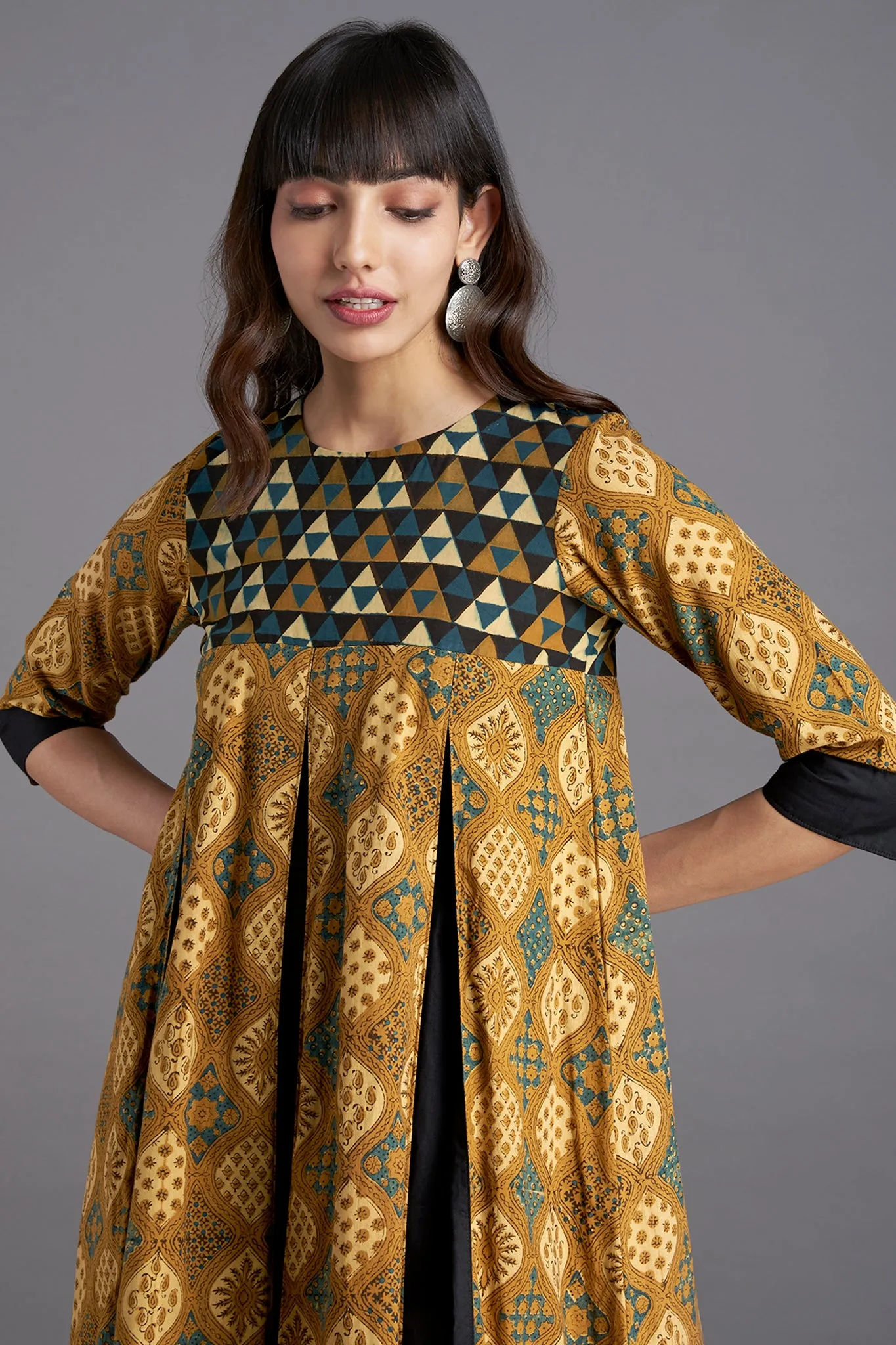 box pleat dress - ochre groove & ornamental motif