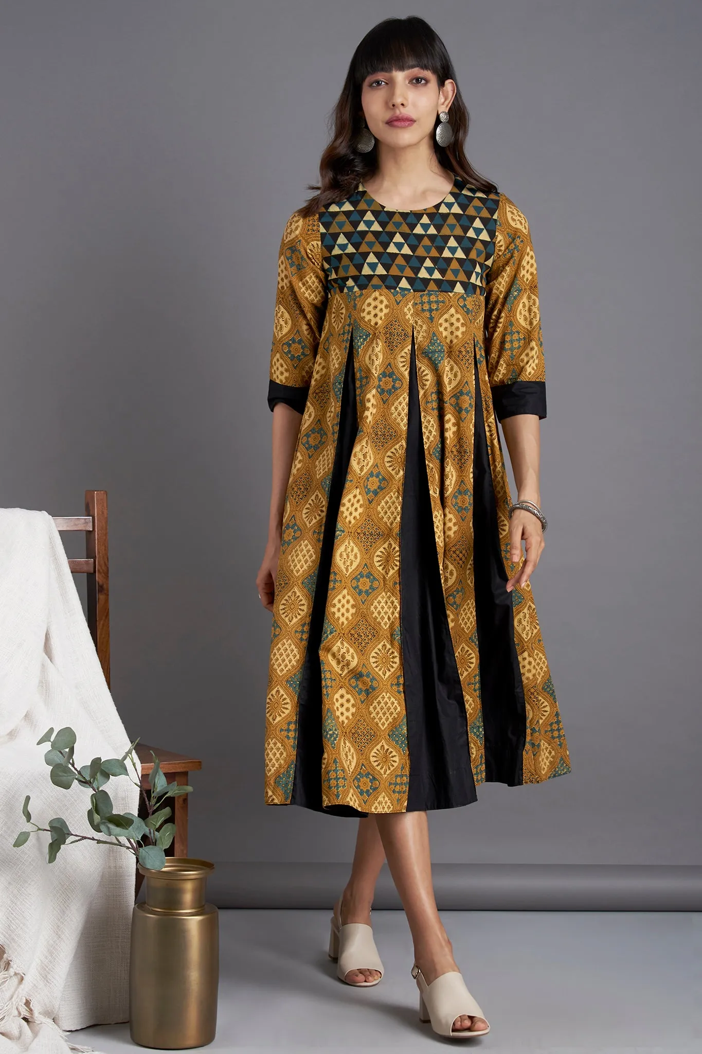 box pleat dress - ochre groove & ornamental motif