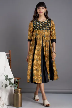 box pleat dress - ochre groove & ornamental motif