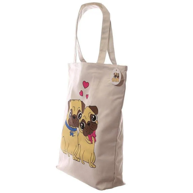 Cute Pug Design Cotton Bag with Zip & Lining