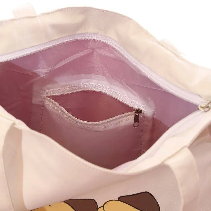 Cute Pug Design Cotton Bag with Zip & Lining