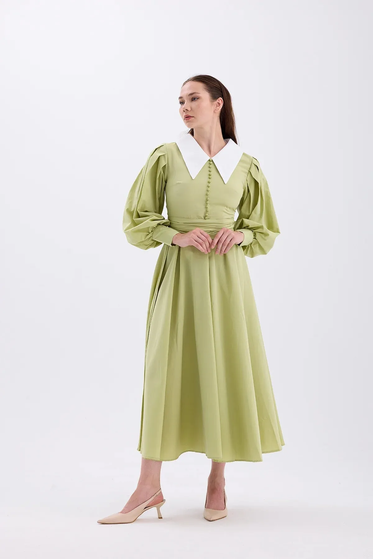 FIONA COLLAR DRESS – OIL GREEN