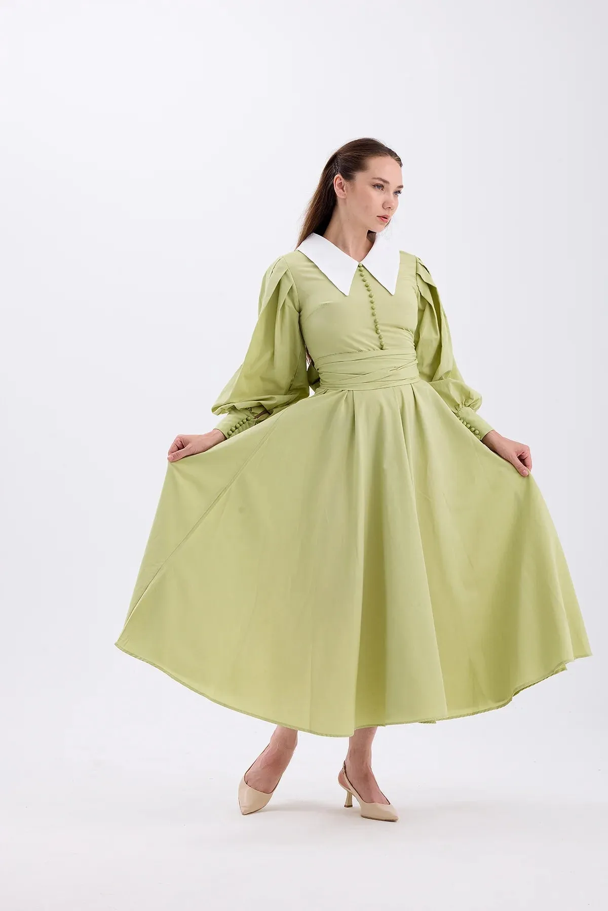 FIONA COLLAR DRESS – OIL GREEN