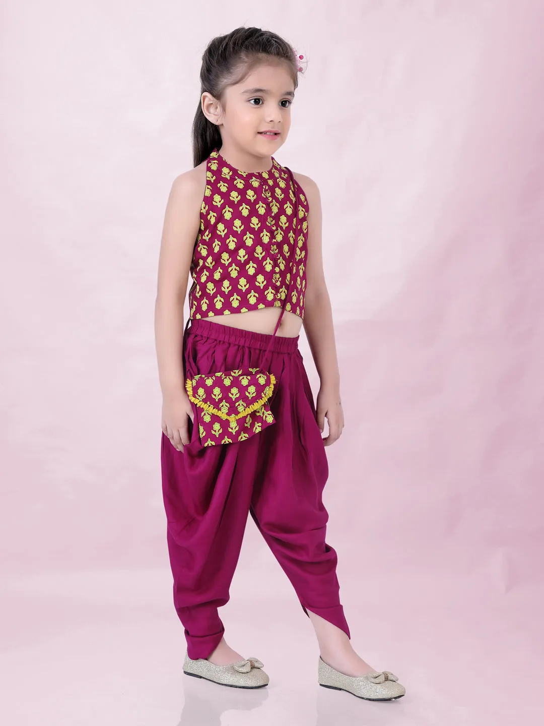 Girl's Block Print Halter Neck Top With Potli Buttons & Sling Bag , Fusion Dhoti-Magenta - Lil Peacock