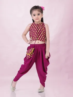 Girl's Block Print Halter Neck Top With Potli Buttons & Sling Bag , Fusion Dhoti-Magenta - Lil Peacock