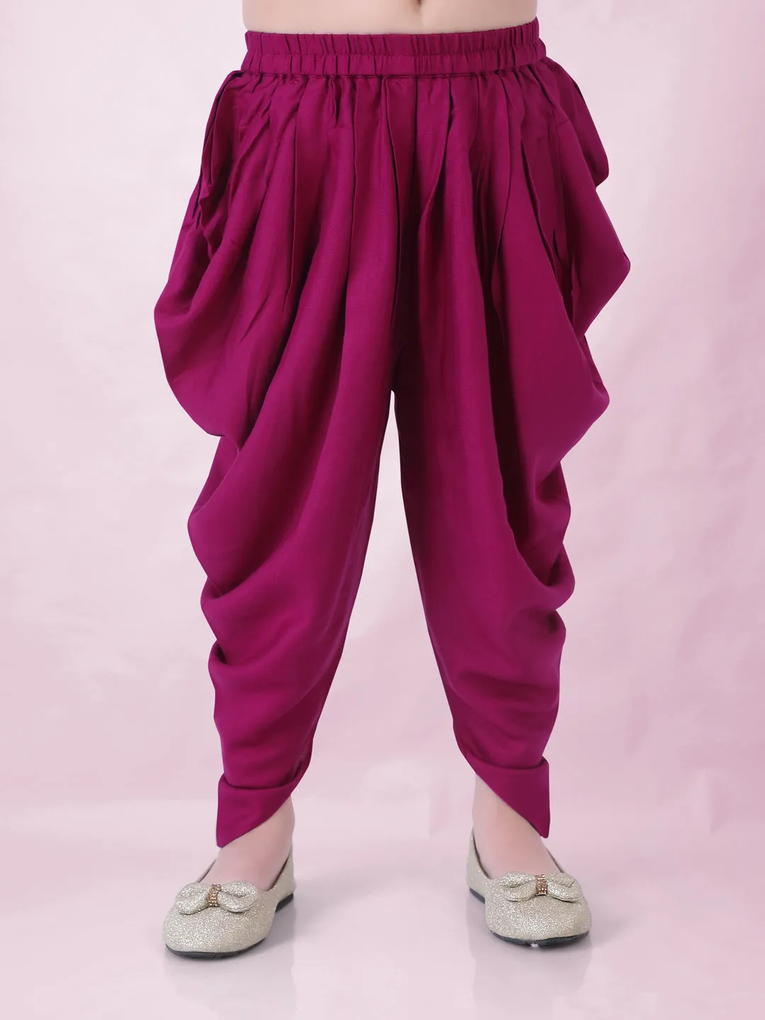 Girl's Block Print Halter Neck Top With Potli Buttons & Sling Bag , Fusion Dhoti-Magenta - Lil Peacock