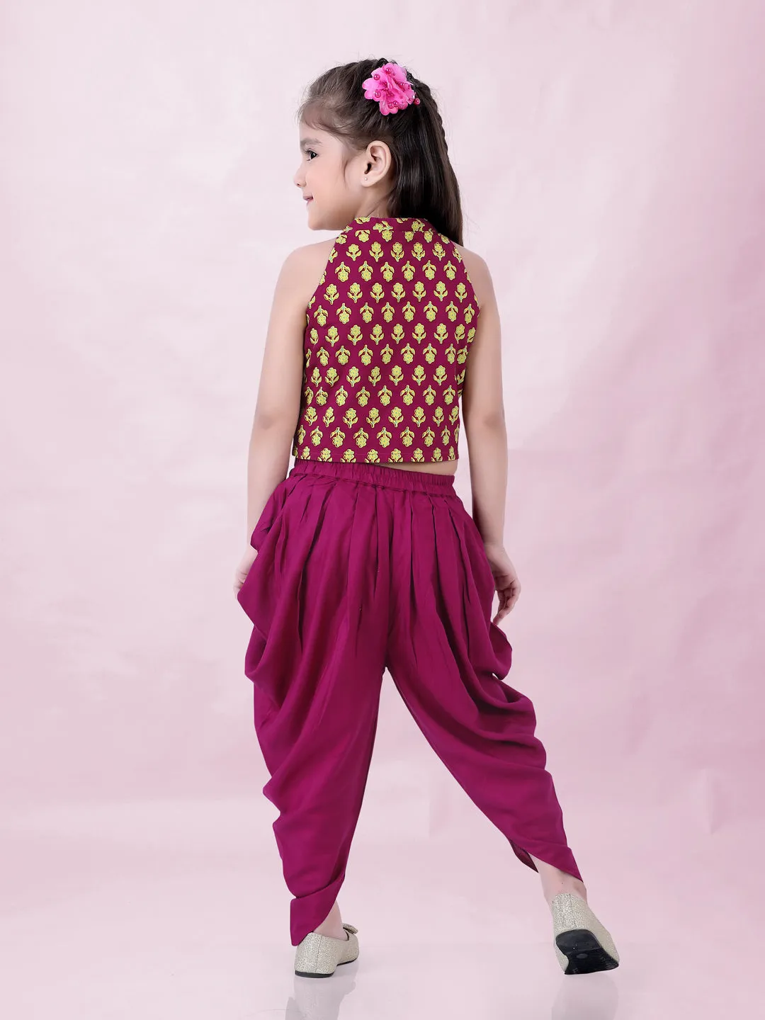 Girl's Block Print Halter Neck Top With Potli Buttons & Sling Bag , Fusion Dhoti-Magenta - Lil Peacock