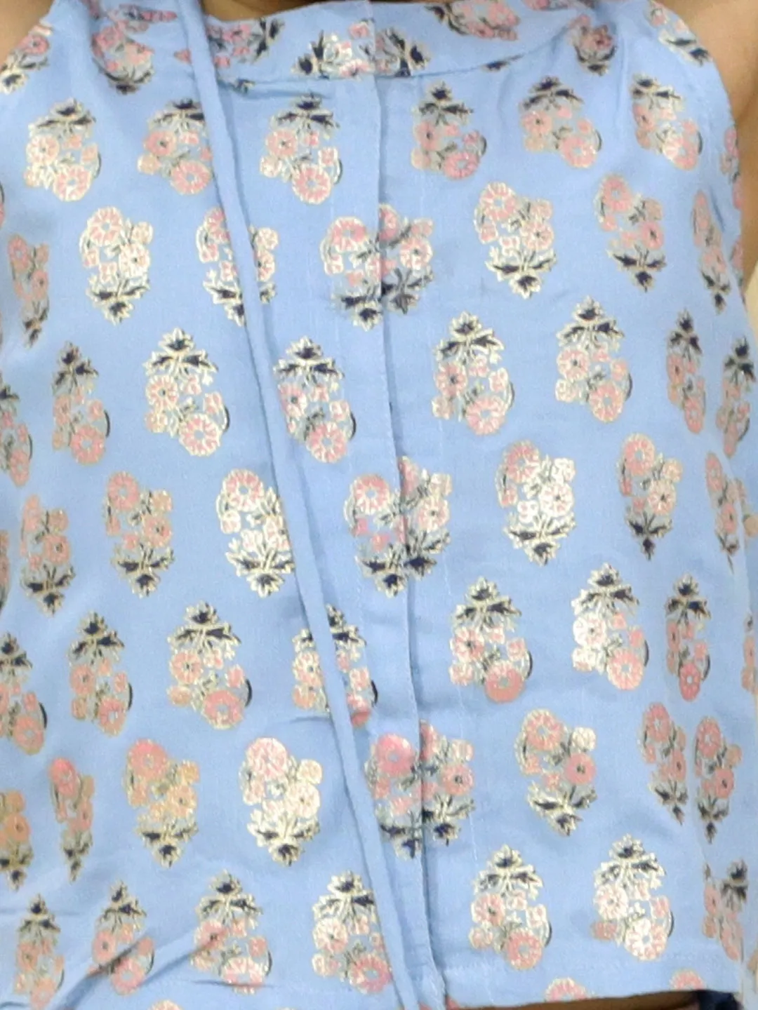 Girl's Block Print Halter Neck Top With Potli Buttons & Sling Bag , Fusion Dhoti-Powder Blue - Lil Peacock