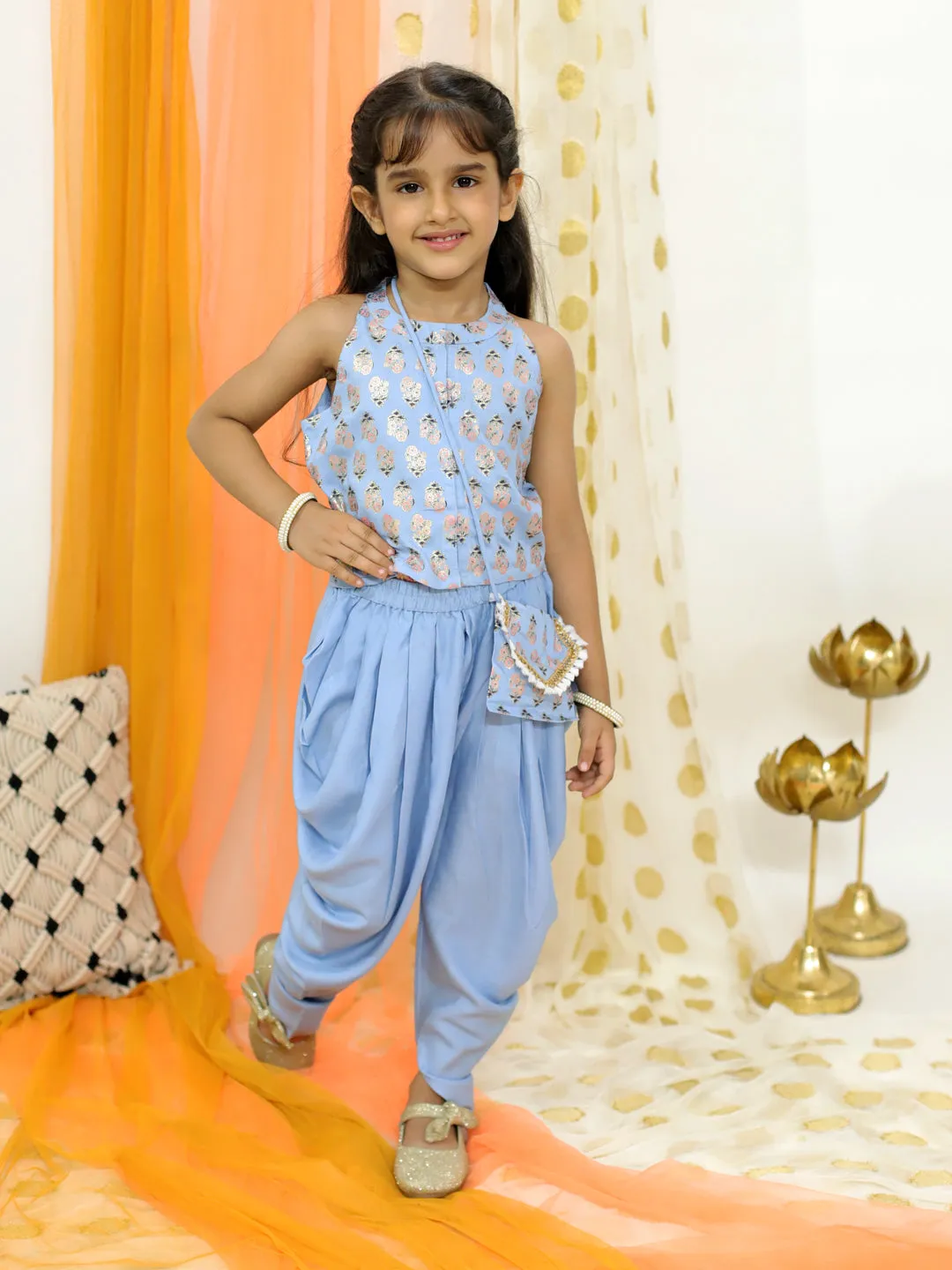 Girl's Block Print Halter Neck Top With Potli Buttons & Sling Bag , Fusion Dhoti-Powder Blue - Lil Peacock