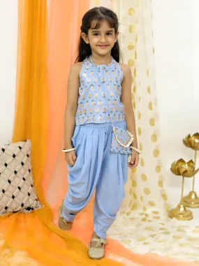 Girl's Block Print Halter Neck Top With Potli Buttons & Sling Bag , Fusion Dhoti-Powder Blue - Lil Peacock