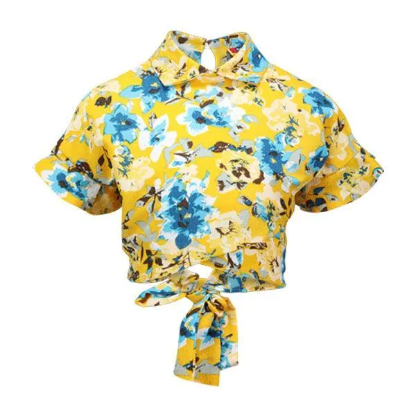 GIRLS YELLOW FLORAL CREPE BLOUSE