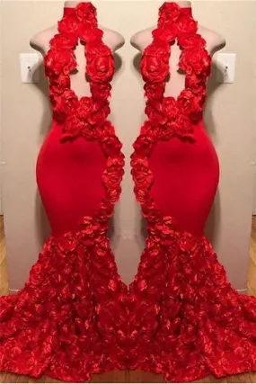 kamahe New Arrival Red Keyhole Mermaid Flowers Halter Sleeveless Long Prom Dresses