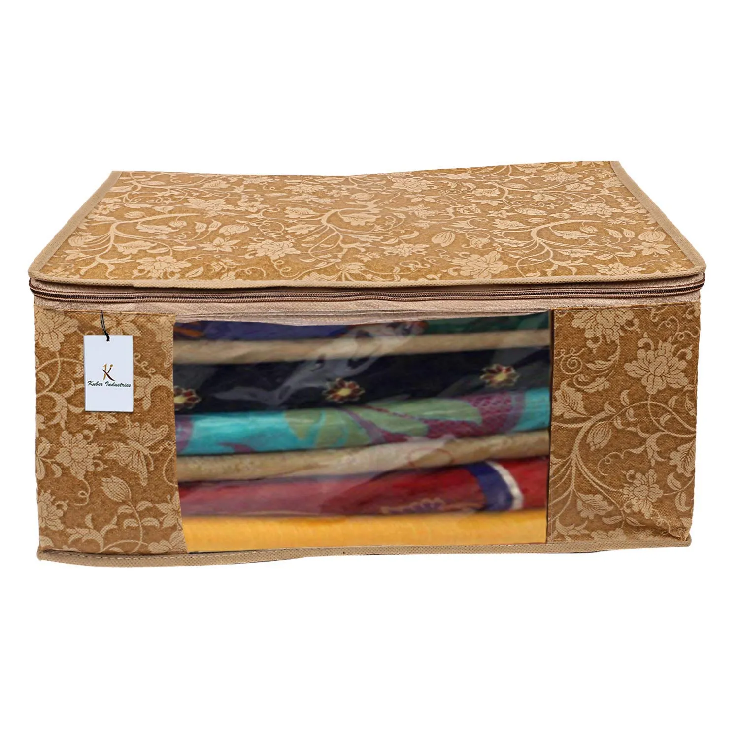 Kuber Industries Metallic Printed Non Woven 3 Pieces Saree Cover and 3 Pieces Underbed Storage Bag, Cloth Organizer for Storage, Blanket Cover Combo Set (Beige) -CTKTC038564