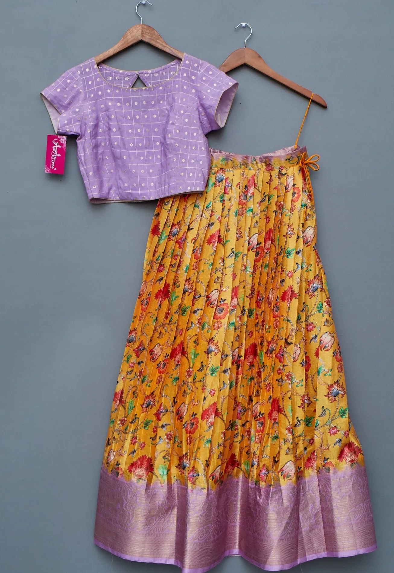 Lavender and Yellow Crop Top Lehenga