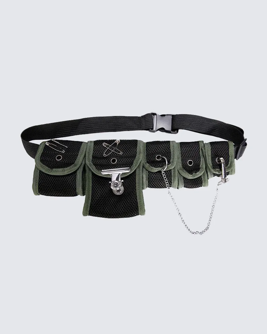 Multi-Pocket Tactical Waist Bag with Chain and Safety Pins