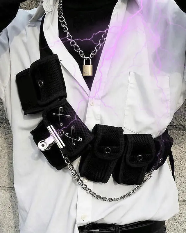 Multi-Pocket Tactical Waist Bag with Chain and Safety Pins