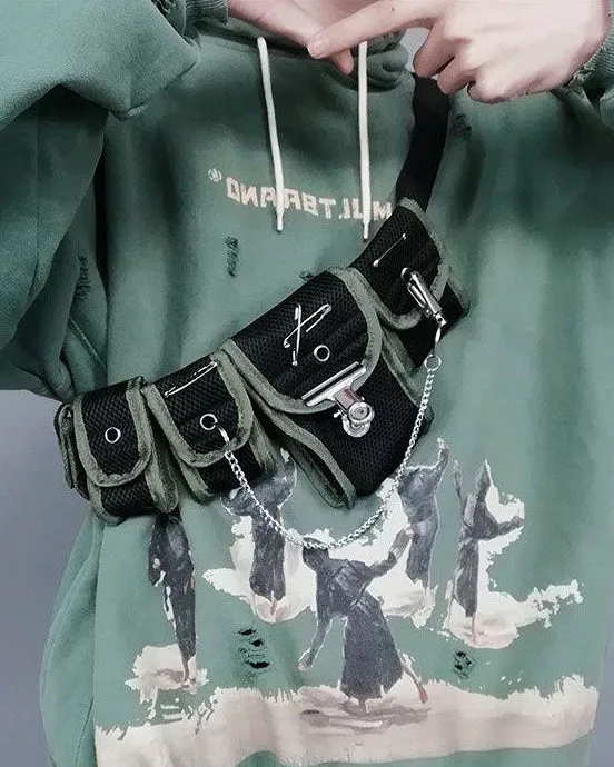 Multi-Pocket Tactical Waist Bag with Chain and Safety Pins