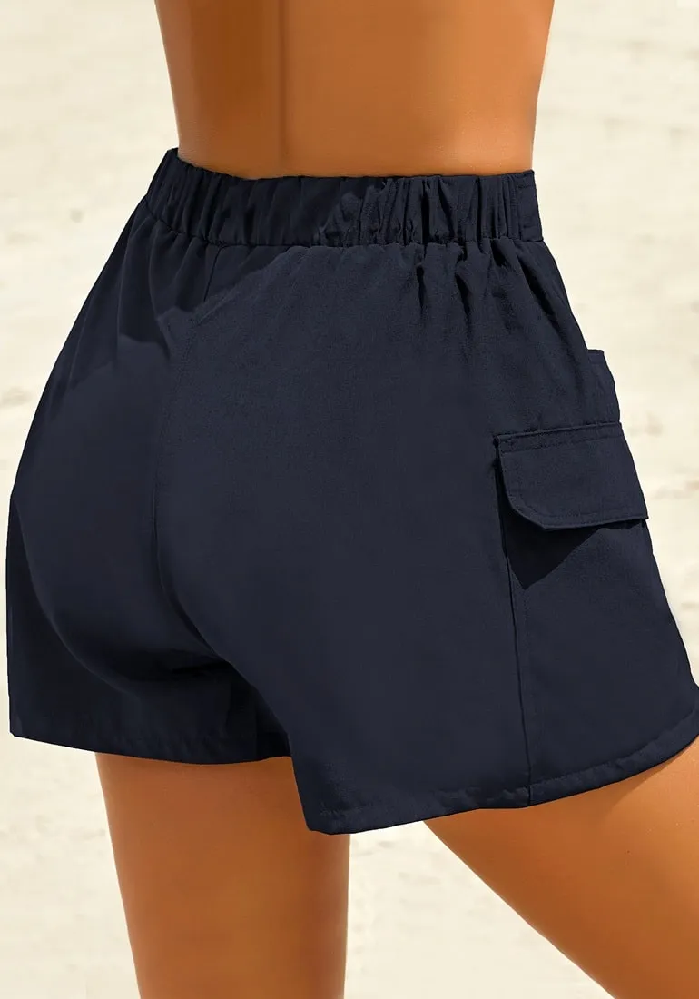 Navy Elastic-Waist Side Pockets Lace-Up Board Shorts