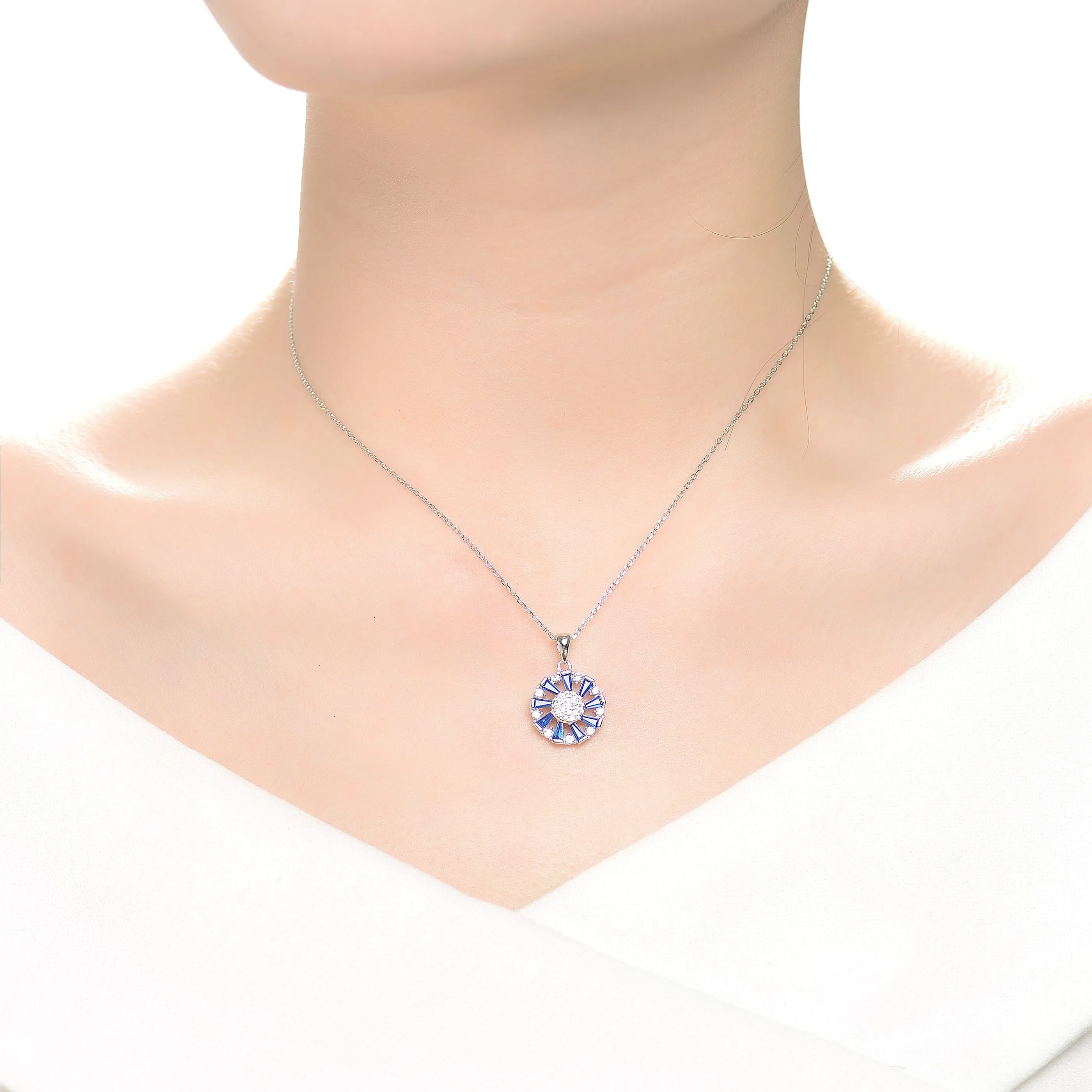 Sterling Silver With Gold Plated Round And Multi Color Baguette Cubic Zirconia Wreath Pendant Necklace