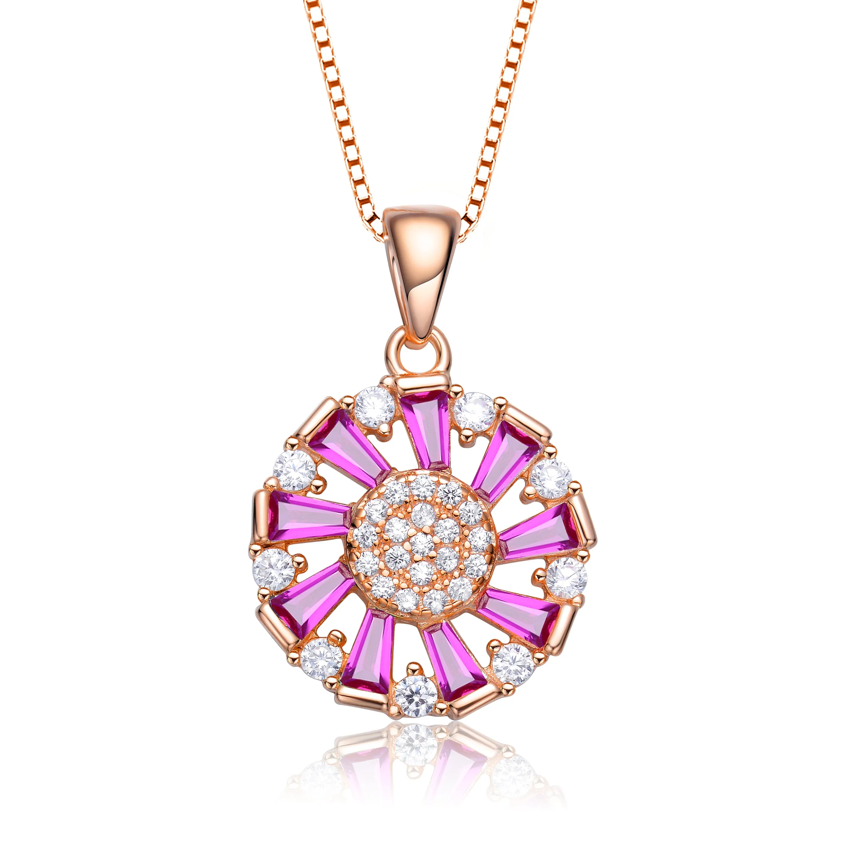 Sterling Silver With Gold Plated Round And Multi Color Baguette Cubic Zirconia Wreath Pendant Necklace