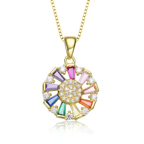 Sterling Silver With Gold Plated Round And Multi Color Baguette Cubic Zirconia Wreath Pendant Necklace