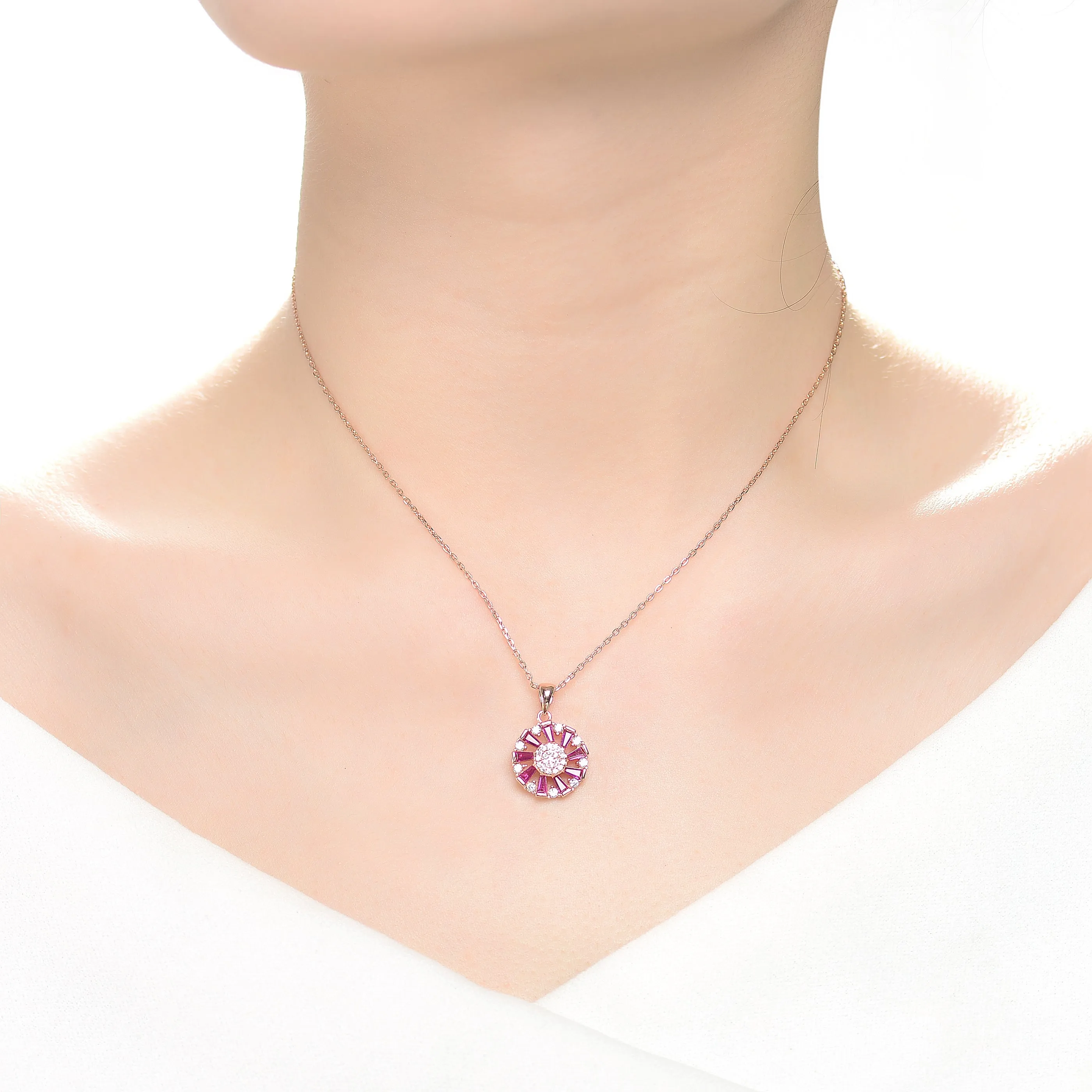 Sterling Silver With Gold Plated Round And Multi Color Baguette Cubic Zirconia Wreath Pendant Necklace