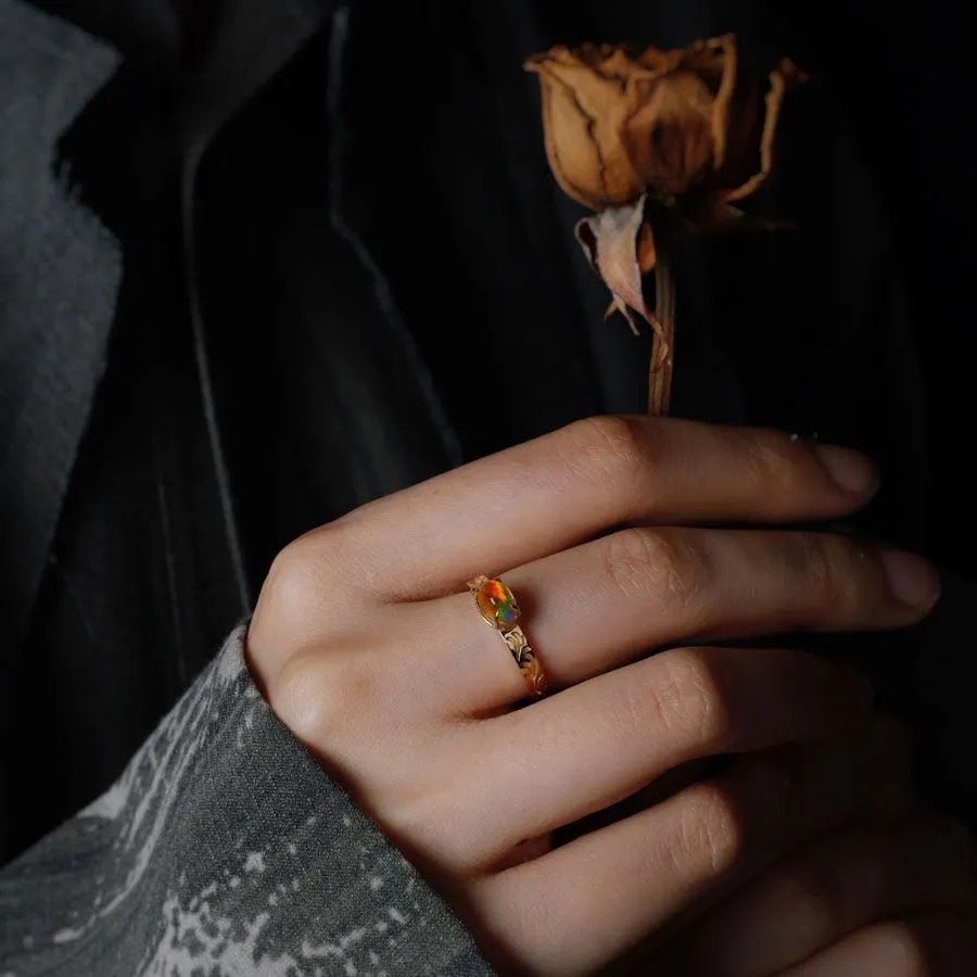 The Golden Age - Ornamental Filigree Fire Opal Engagement Ring 18K Gold